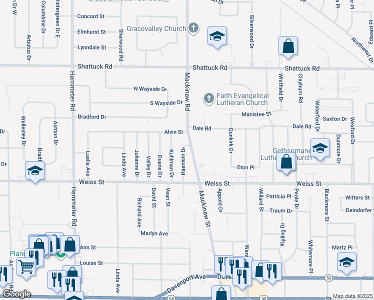 map of restaurants, bars, coffee shops, grocery stores, and more near 2638 Haenlein Drive in Saginaw