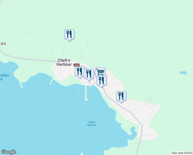 map of restaurants, bars, coffee shops, grocery stores, and more near 2732 Nova Scotia 330 in Clark's Harbour
