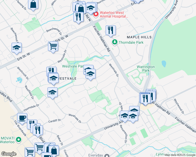 map of restaurants, bars, coffee shops, grocery stores, and more near 544 Drummerhill Crescent in Waterloo