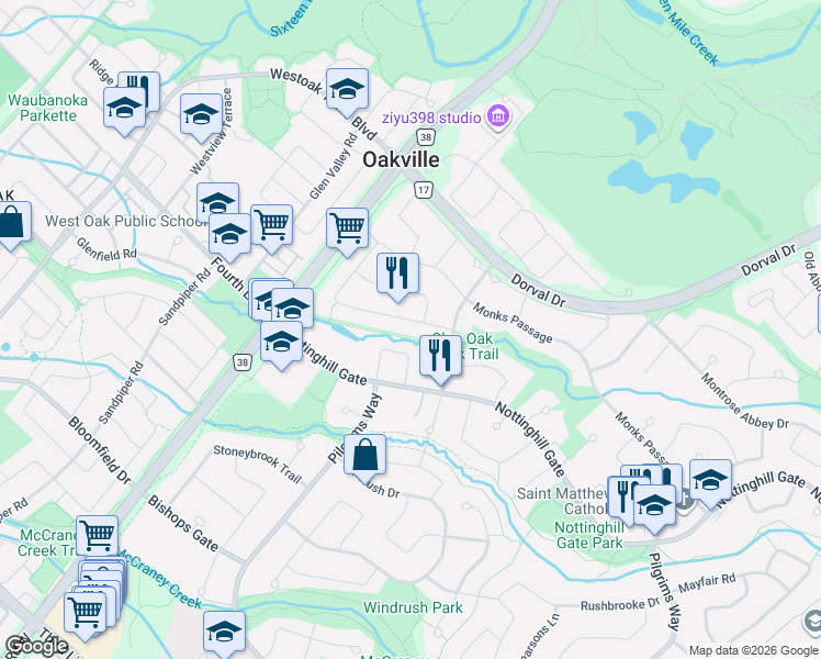 map of restaurants, bars, coffee shops, grocery stores, and more near 1633 Greenbriar Drive in Oakville