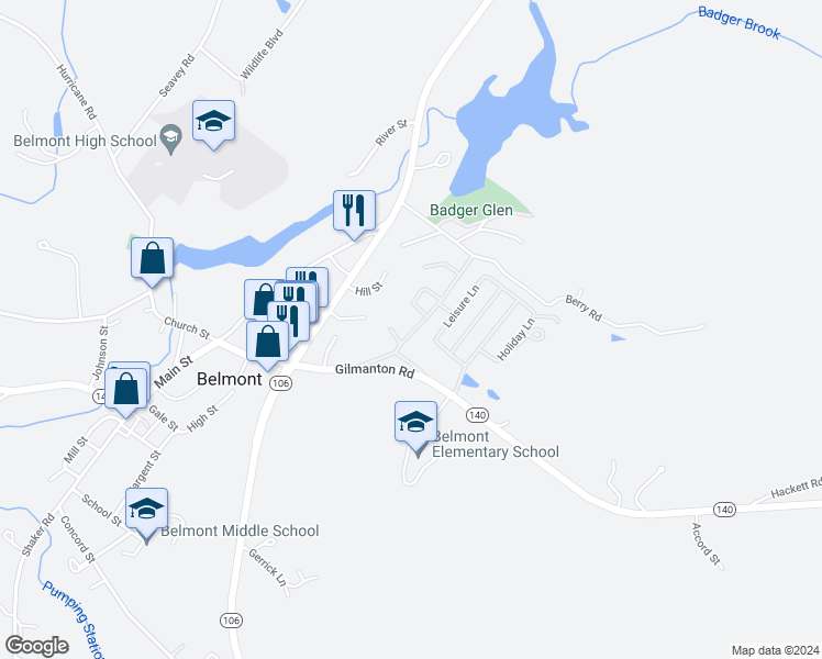 map of restaurants, bars, coffee shops, grocery stores, and more near 21 Holly Tree Lane in Belmont