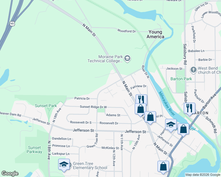 map of restaurants, bars, coffee shops, grocery stores, and more near 2017 Green Tree Road in West Bend