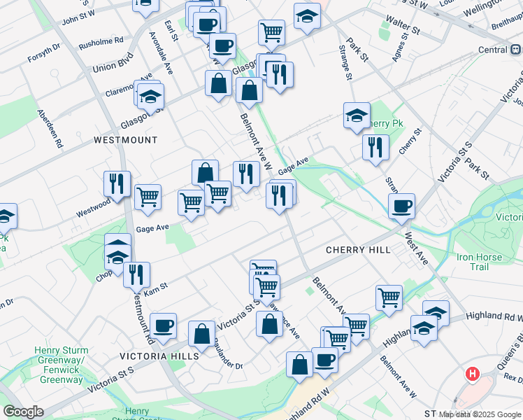 map of restaurants, bars, coffee shops, grocery stores, and more near 32 Brybeck Crescent in Kitchener