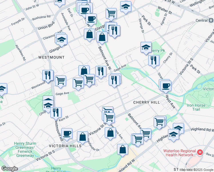 map of restaurants, bars, coffee shops, grocery stores, and more near 24 Brybeck Crescent in Kitchener