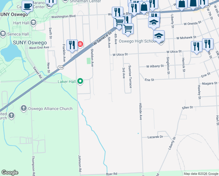 map of restaurants, bars, coffee shops, grocery stores, and more near 204 5th Avenue in Oswego