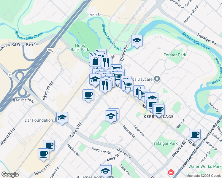 map of restaurants, bars, coffee shops, grocery stores, and more near in Oakville
