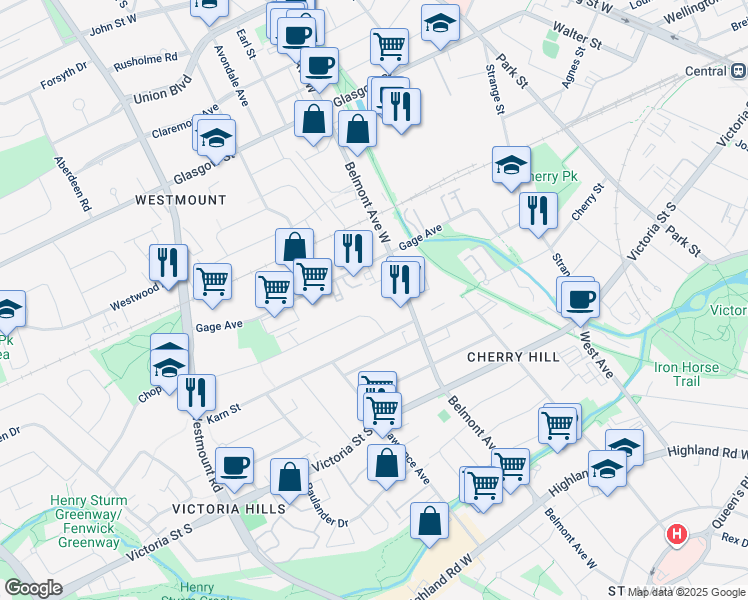 map of restaurants, bars, coffee shops, grocery stores, and more near 24 Brybeck Crescent in Kitchener
