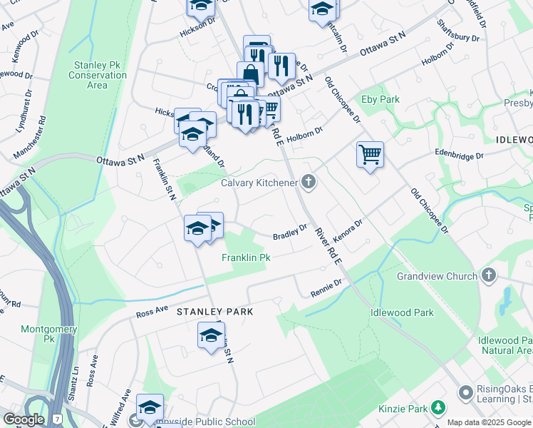 map of restaurants, bars, coffee shops, grocery stores, and more near 32 Bradley Place in Kitchener