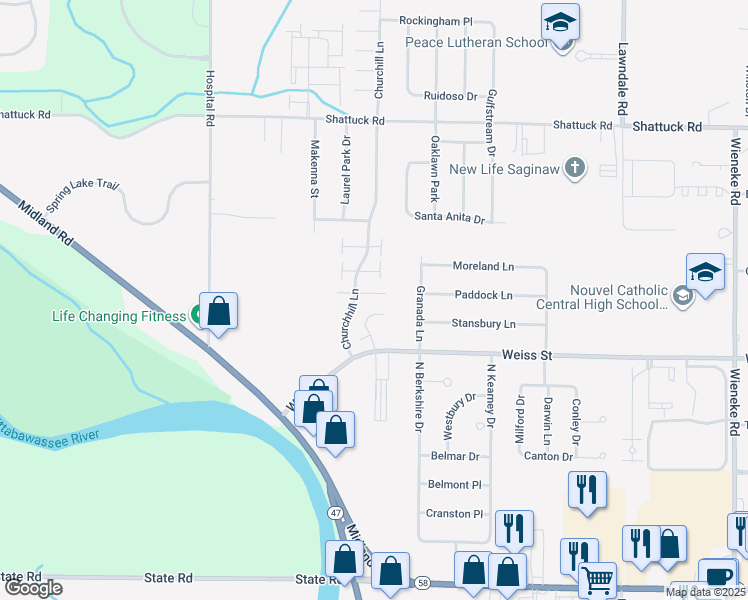 map of restaurants, bars, coffee shops, grocery stores, and more near 2606 Churchhill Lane in Saginaw