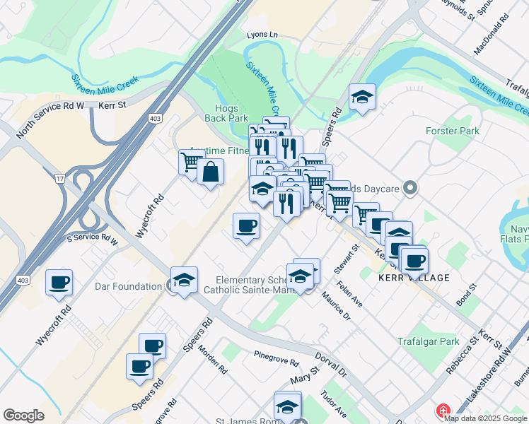 map of restaurants, bars, coffee shops, grocery stores, and more near 171 Speers Road in Oakville
