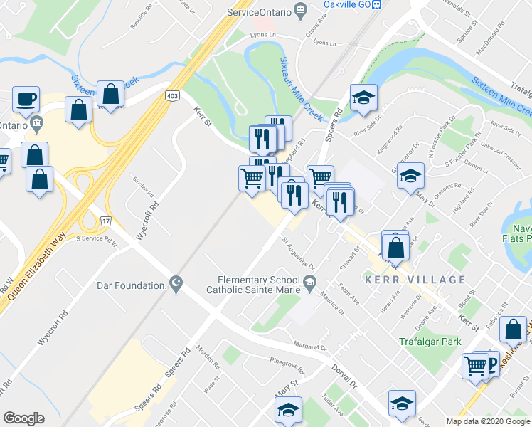 map of restaurants, bars, coffee shops, grocery stores, and more near 171 Speers Road in Oakville