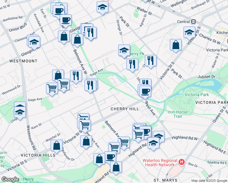 map of restaurants, bars, coffee shops, grocery stores, and more near 352 Patricia Avenue in Kitchener