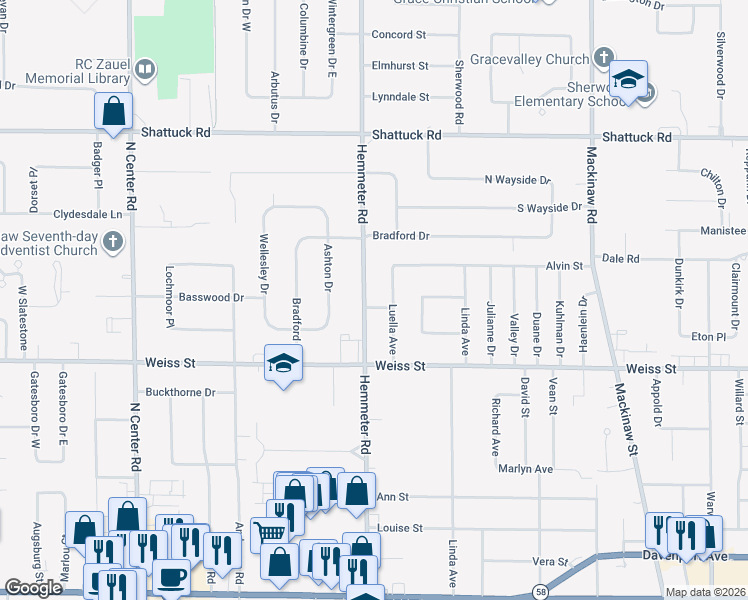 map of restaurants, bars, coffee shops, grocery stores, and more near 2640 Hemmeter Road in Saginaw