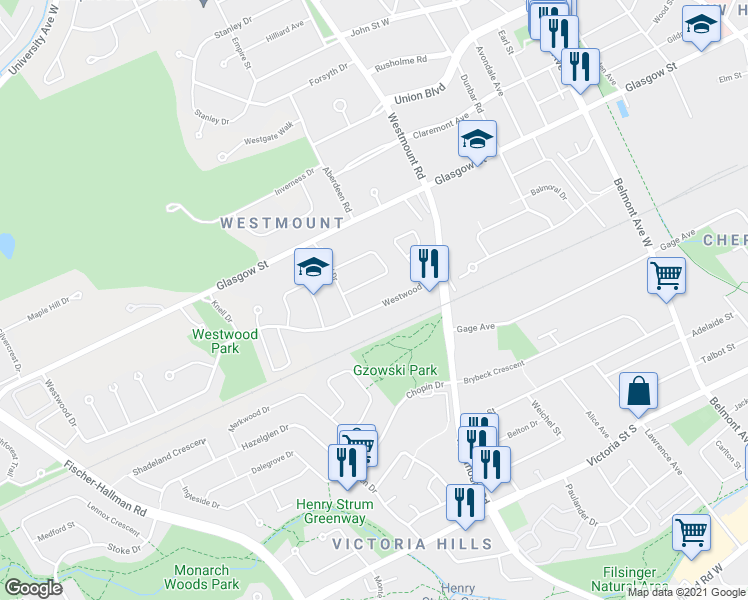map of restaurants, bars, coffee shops, grocery stores, and more near 68 Westwood Drive in Kitchener