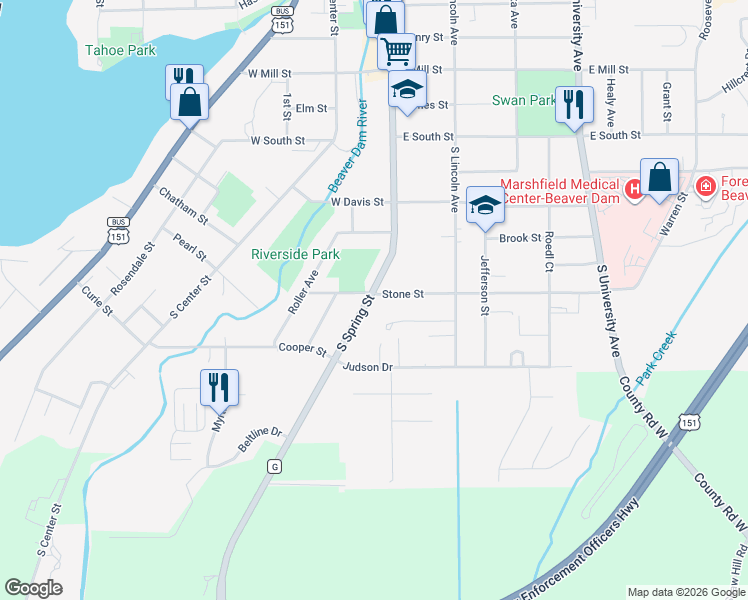 map of restaurants, bars, coffee shops, grocery stores, and more near 839 South Spring Street in Beaver Dam