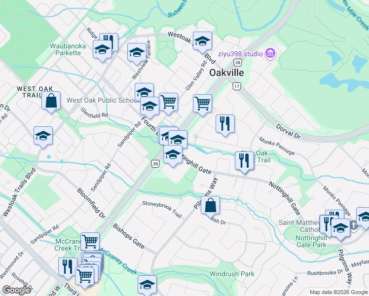 map of restaurants, bars, coffee shops, grocery stores, and more near 1499 Nottinghill Gate in Oakville