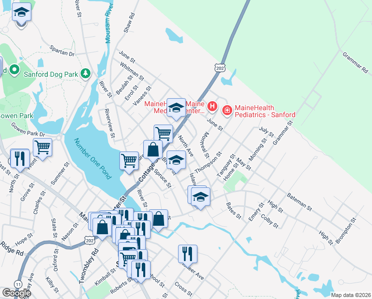map of restaurants, bars, coffee shops, grocery stores, and more near 52 North Avenue in Sanford