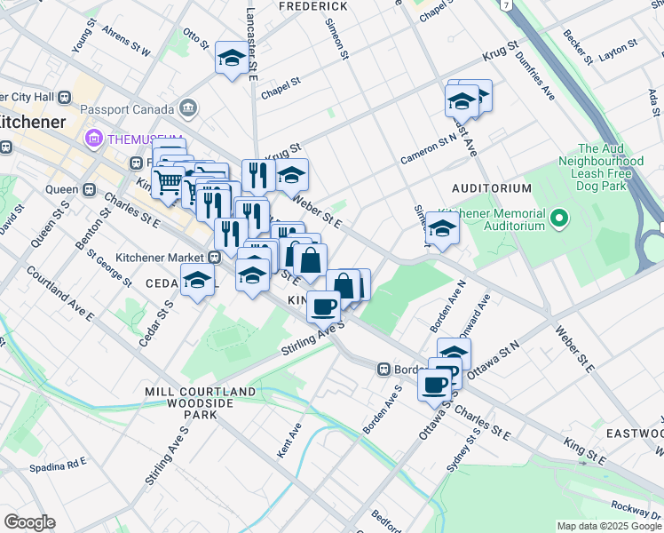 map of restaurants, bars, coffee shops, grocery stores, and more near 29 Pandora Avenue North in Kitchener