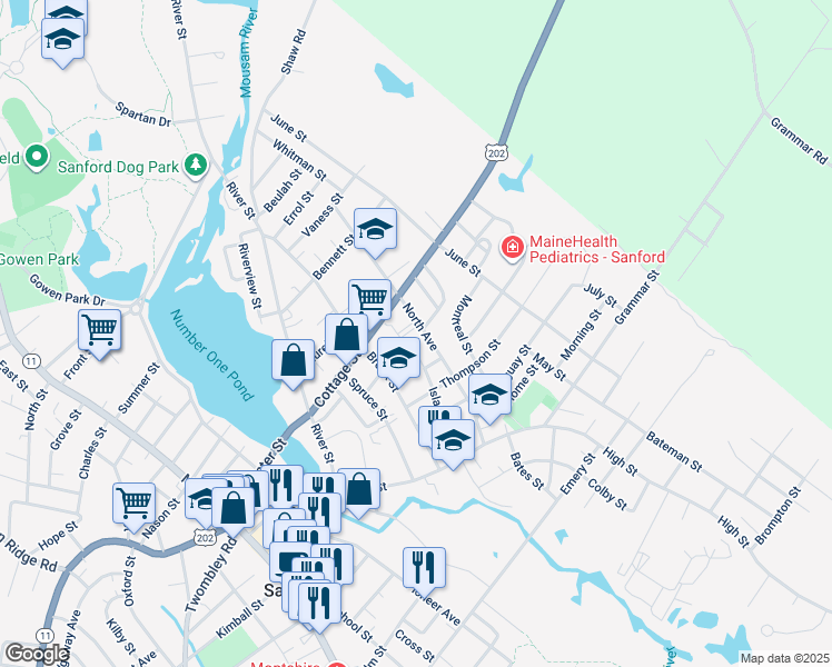 map of restaurants, bars, coffee shops, grocery stores, and more near 52 North Avenue in Sanford
