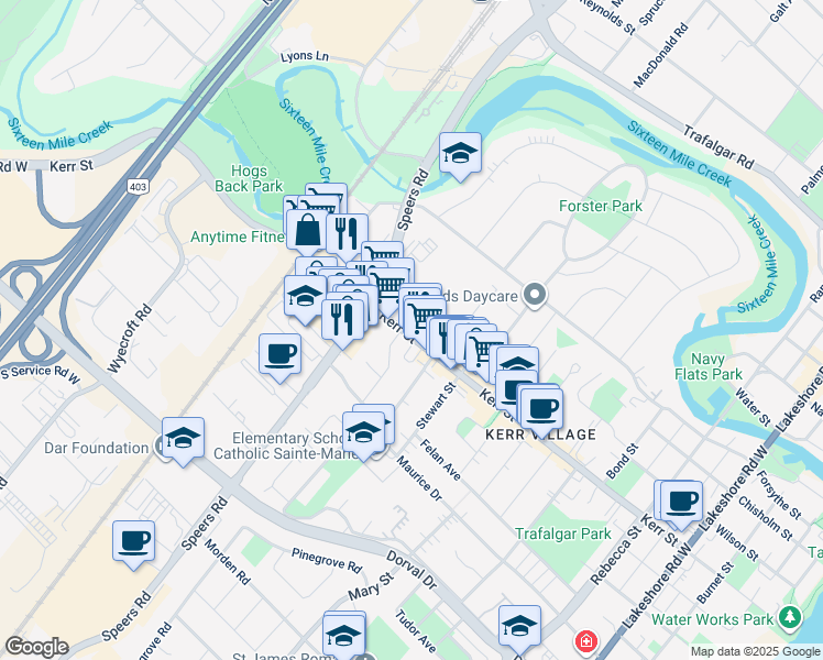map of restaurants, bars, coffee shops, grocery stores, and more near 476 Kerr Street in Oakville