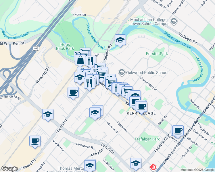 map of restaurants, bars, coffee shops, grocery stores, and more near 459 Kerr Street in Oakville