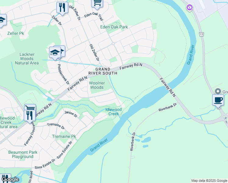 map of restaurants, bars, coffee shops, grocery stores, and more near Woolner Trail in Kitchener