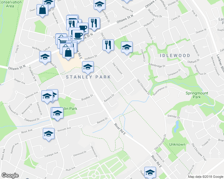 map of restaurants, bars, coffee shops, grocery stores, and more near 62 Wayne Drive in Kitchener