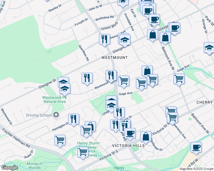 map of restaurants, bars, coffee shops, grocery stores, and more near 43 Westwood Drive in Kitchener