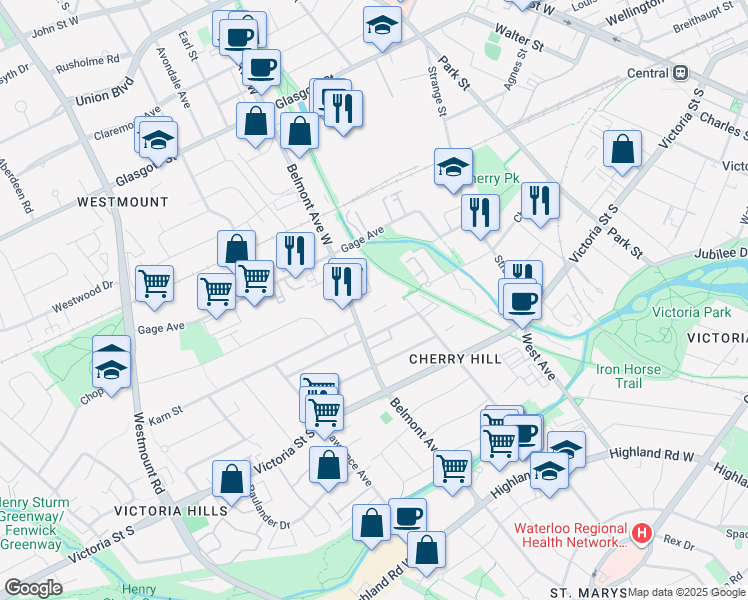 map of restaurants, bars, coffee shops, grocery stores, and more near 450 A Belmont Avenue West in Kitchener