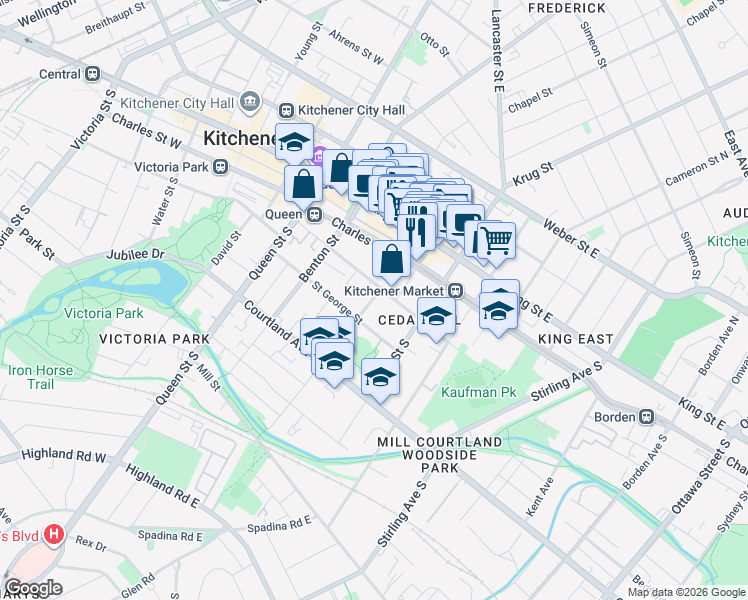 map of restaurants, bars, coffee shops, grocery stores, and more near 108 Church Street in Kitchener