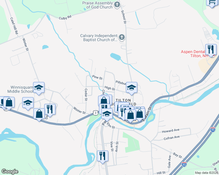 map of restaurants, bars, coffee shops, grocery stores, and more near 35 High Street in Tilton