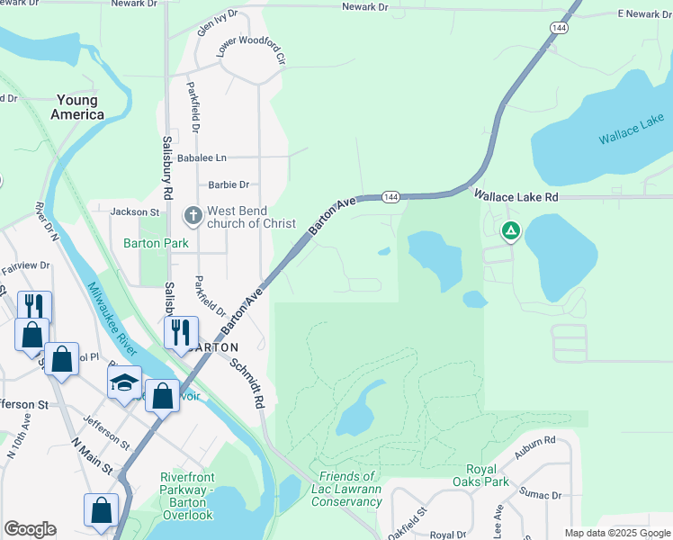 map of restaurants, bars, coffee shops, grocery stores, and more near 2060 Rainbow Lake Lane in West Bend