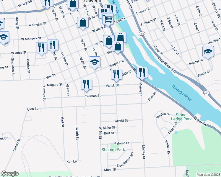 map of restaurants, bars, coffee shops, grocery stores, and more near 52 Varick St in Oswego