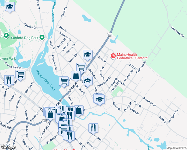 map of restaurants, bars, coffee shops, grocery stores, and more near 52 North Avenue in Sanford