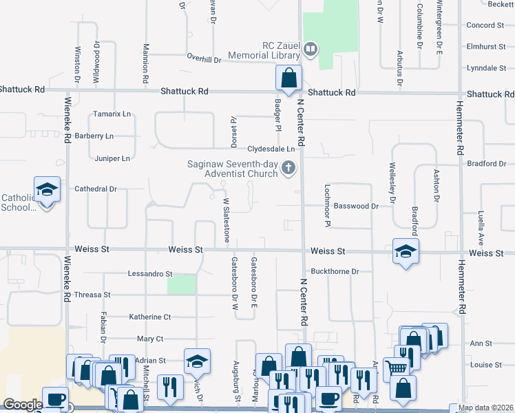 map of restaurants, bars, coffee shops, grocery stores, and more near 10 Cobblestone Place in Saginaw