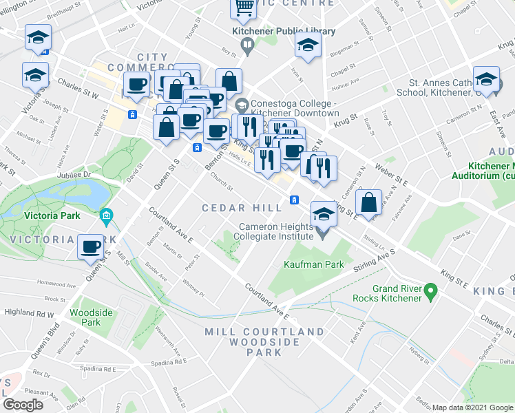 map of restaurants, bars, coffee shops, grocery stores, and more near 114 Church Street in Kitchener