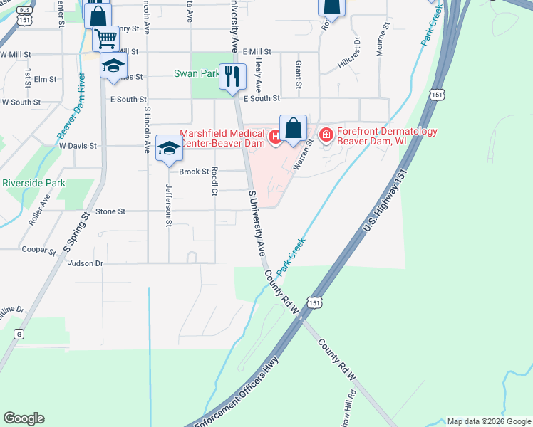 map of restaurants, bars, coffee shops, grocery stores, and more near 505 Stone Street in Beaver Dam
