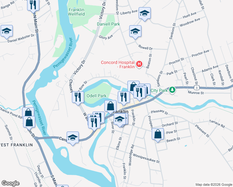 map of restaurants, bars, coffee shops, grocery stores, and more near 93 Memorial Street in Franklin
