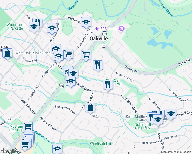 map of restaurants, bars, coffee shops, grocery stores, and more near 1613 Greenbriar Drive in Oakville