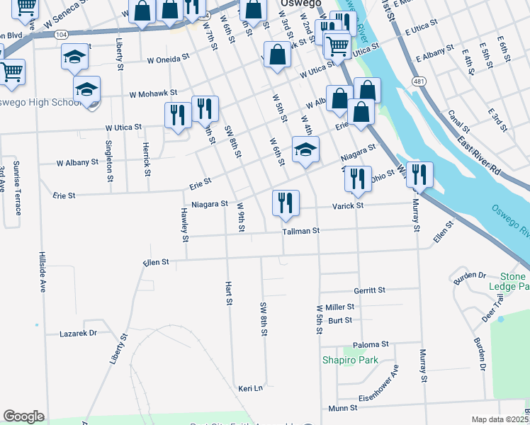 map of restaurants, bars, coffee shops, grocery stores, and more near 291 West 8th Street in Oswego