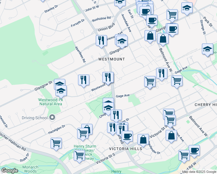 map of restaurants, bars, coffee shops, grocery stores, and more near 11 Westwood Drive in Kitchener