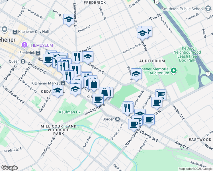 map of restaurants, bars, coffee shops, grocery stores, and more near in Kitchener