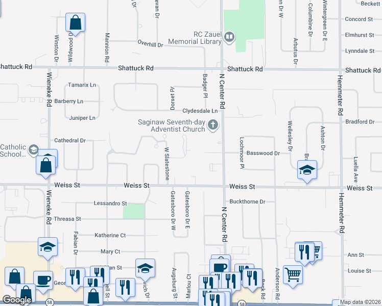 map of restaurants, bars, coffee shops, grocery stores, and more near 10 Cobblestone Place in Saginaw