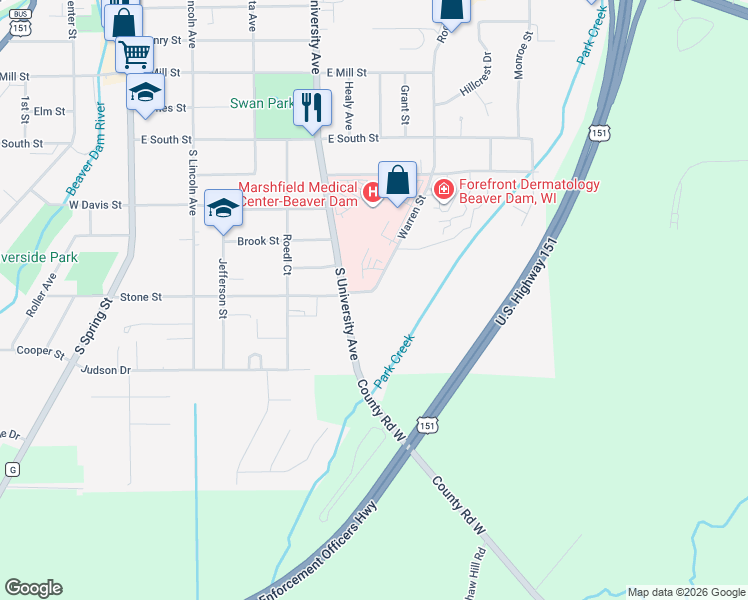 map of restaurants, bars, coffee shops, grocery stores, and more near 505 Stone Street in Beaver Dam