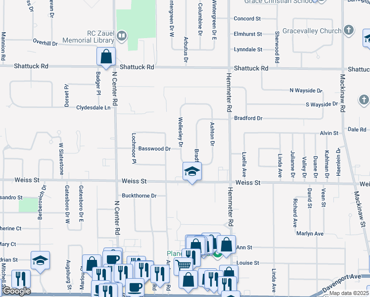 map of restaurants, bars, coffee shops, grocery stores, and more near 2646 Wellesley Drive in Saginaw