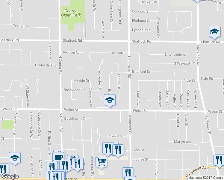 map of restaurants, bars, coffee shops, grocery stores, and more near 2646 Bradford Drive in Saginaw