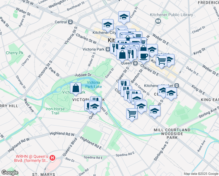 map of restaurants, bars, coffee shops, grocery stores, and more near 350 Queen Street South in Kitchener
