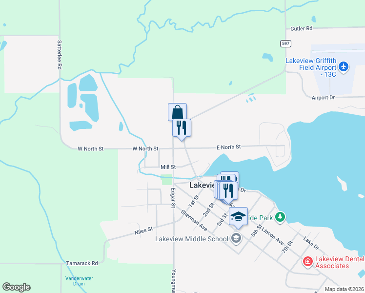 map of restaurants, bars, coffee shops, grocery stores, and more near 309 North Lincoln Avenue in Lakeview