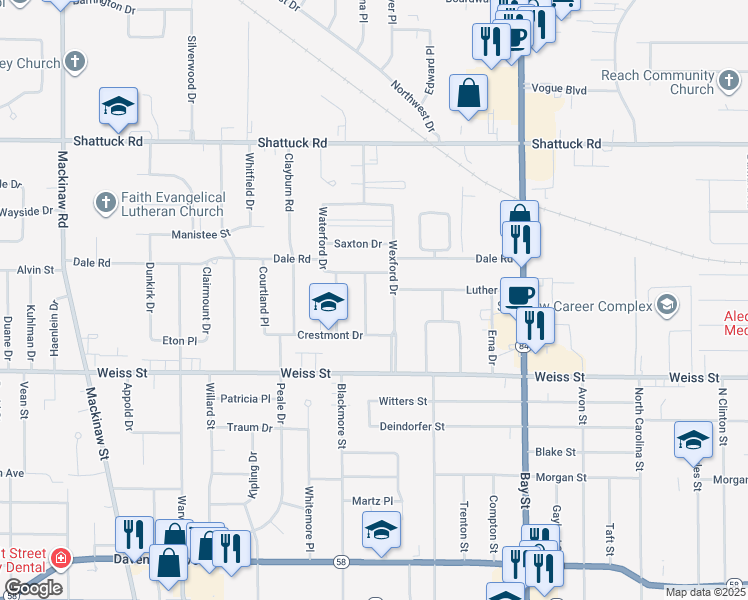 map of restaurants, bars, coffee shops, grocery stores, and more near 2796 Dunmore Drive in Saginaw