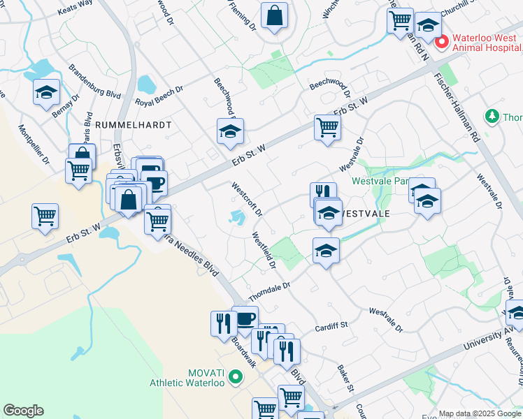 map of restaurants, bars, coffee shops, grocery stores, and more near 200 Westhollow Court in Waterloo